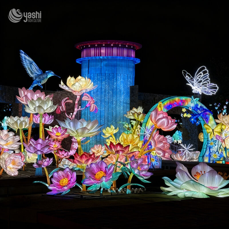 Custom Lotus Flower Lighthouse & Butterfly Arch LED Lantern Installation, Oriental Floral Light Sculpture for Garden Lantern Festival