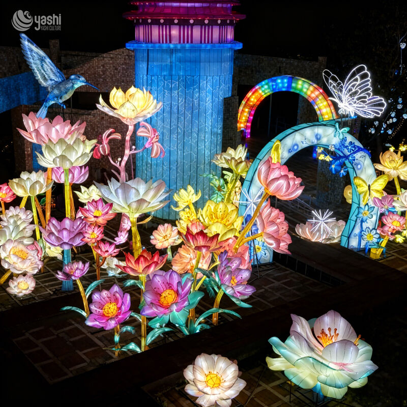 Custom Lotus Flower Lighthouse & Butterfly Arch LED Lantern Installation, Oriental Floral Light Sculpture for Garden Lantern Festival