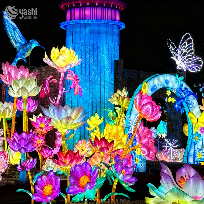 Custom Lotus Flower Lighthouse & Butterfly Arch LED Lantern Installation, Oriental Floral Light Sculpture for Garden Lantern Festival