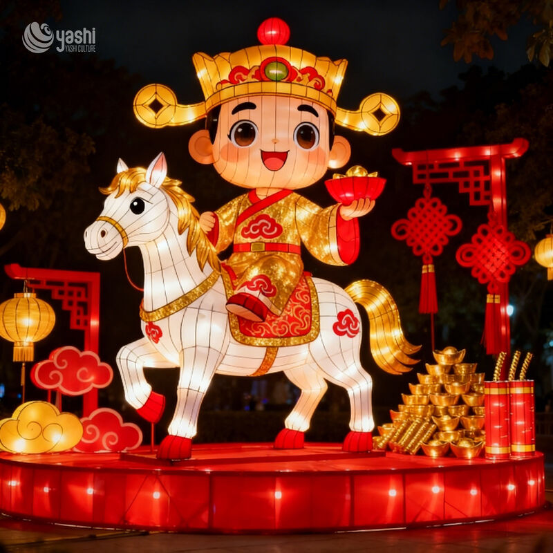 Custom Cartoon God of Wealth Riding White Horse Zigong Lantern, Caishen with Gold Ingot LED Light Sculpture, Waterproof Outdoor Chinese New Year Light Installation