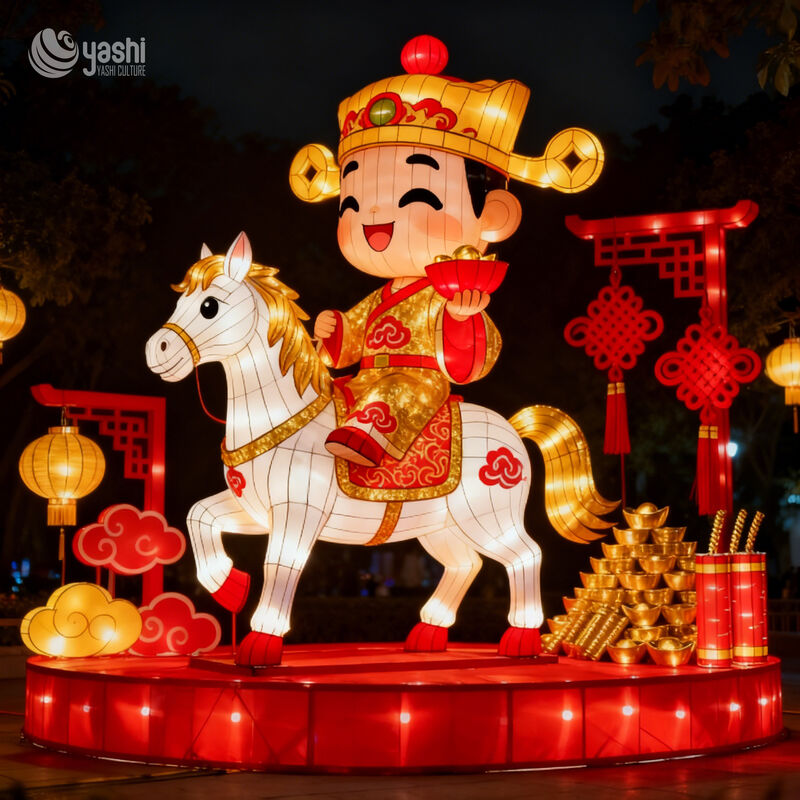 Custom Cartoon God of Wealth Riding White Horse Zigong Lantern, Caishen with Gold Ingot LED Light Sculpture, Waterproof Outdoor Chinese New Year Light Installation