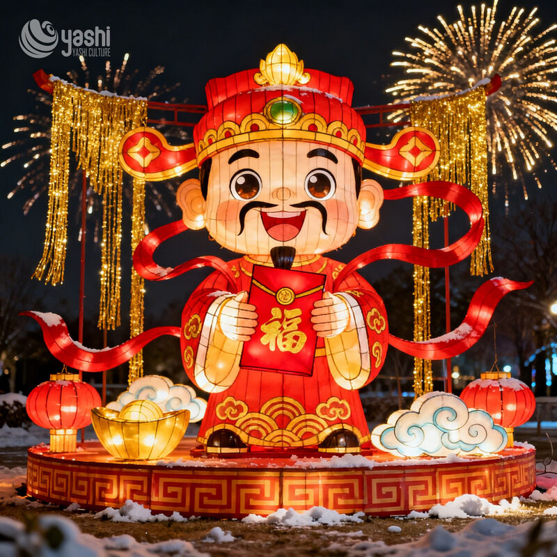 Custom Cartoon God of Wealth Riding White Horse Zigong Lantern, Caishen with Gold Ingot LED Light Sculpture, Waterproof Outdoor Chinese New Year Light Installation