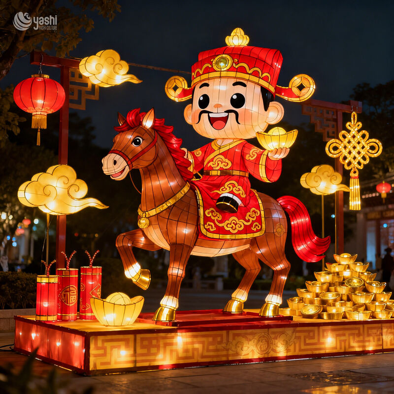 Custom Cartoon God of Wealth Riding White Horse Zigong Lantern, Caishen with Gold Ingot LED Light Sculpture, Waterproof Outdoor Chinese New Year Light Installation