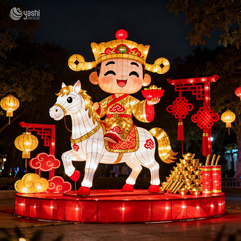 Custom Cartoon God of Wealth Riding White Horse Zigong Lantern, Caishen with Gold Ingot LED Light Sculpture, Waterproof Outdoor Chinese New Year Light Installation