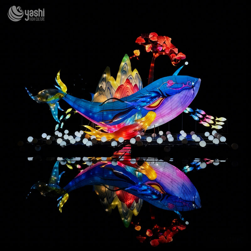 Custom Whale Lantern Set, Large Ocean‑Theme LED Light Installation With Mountain & Tree Elements for Water Reflection Light Festival