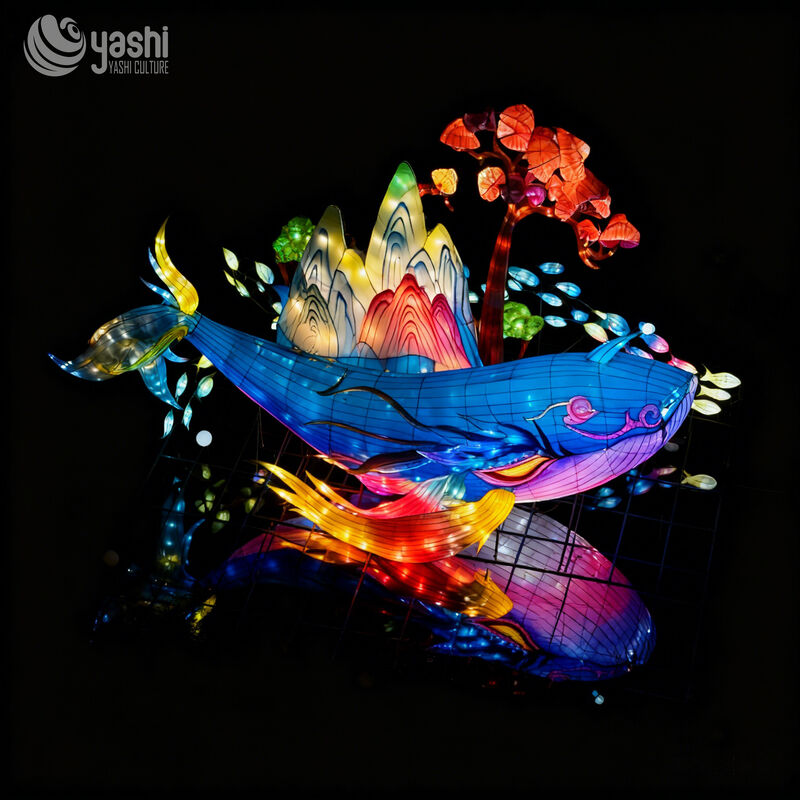 Custom Whale Lantern Set, Large Ocean‑Theme LED Light Installation With Mountain & Tree Elements for Water Reflection Light Festival