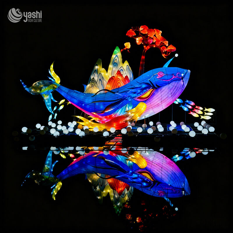 Custom Whale Lantern Set, Large Ocean‑Theme LED Light Installation With Mountain & Tree Elements for Water Reflection Light Festival