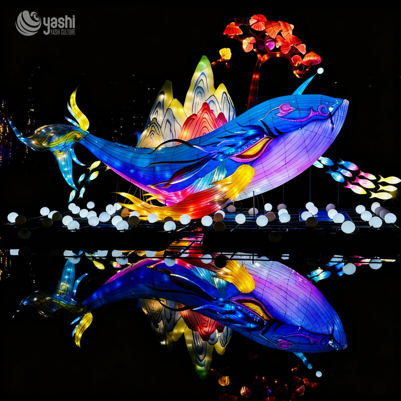 Custom Whale Lantern Set, Large Ocean‑Theme LED Light Installation With Mountain & Tree Elements for Water Reflection Light Festival