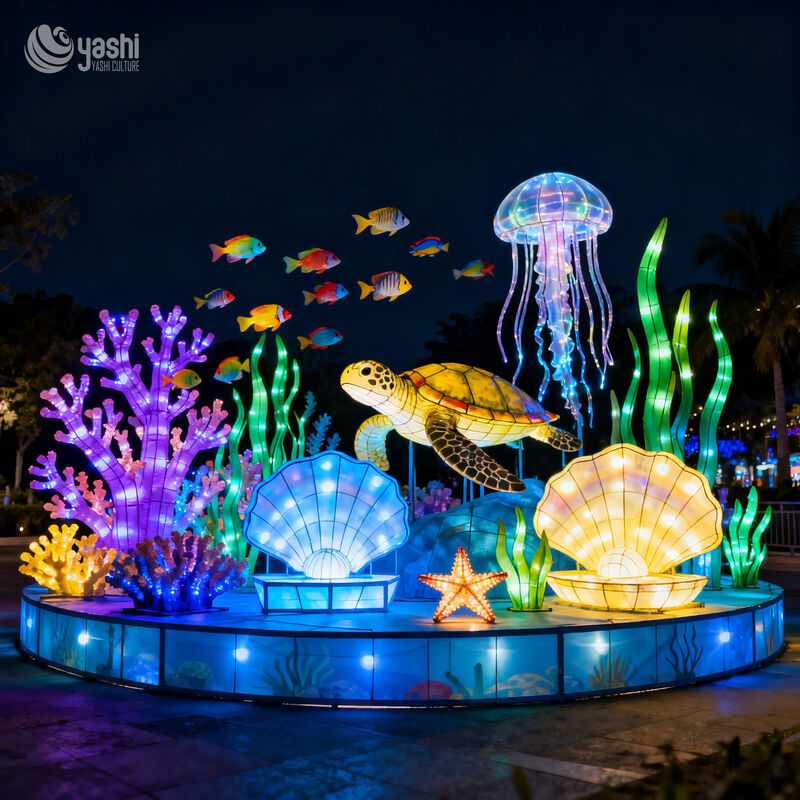 Custom Underwater Ocean Lantern Scene, Sea Turtle Jellyfish Shell Coral Fish LED Light Installation for Aquarium & Night Light Festival
