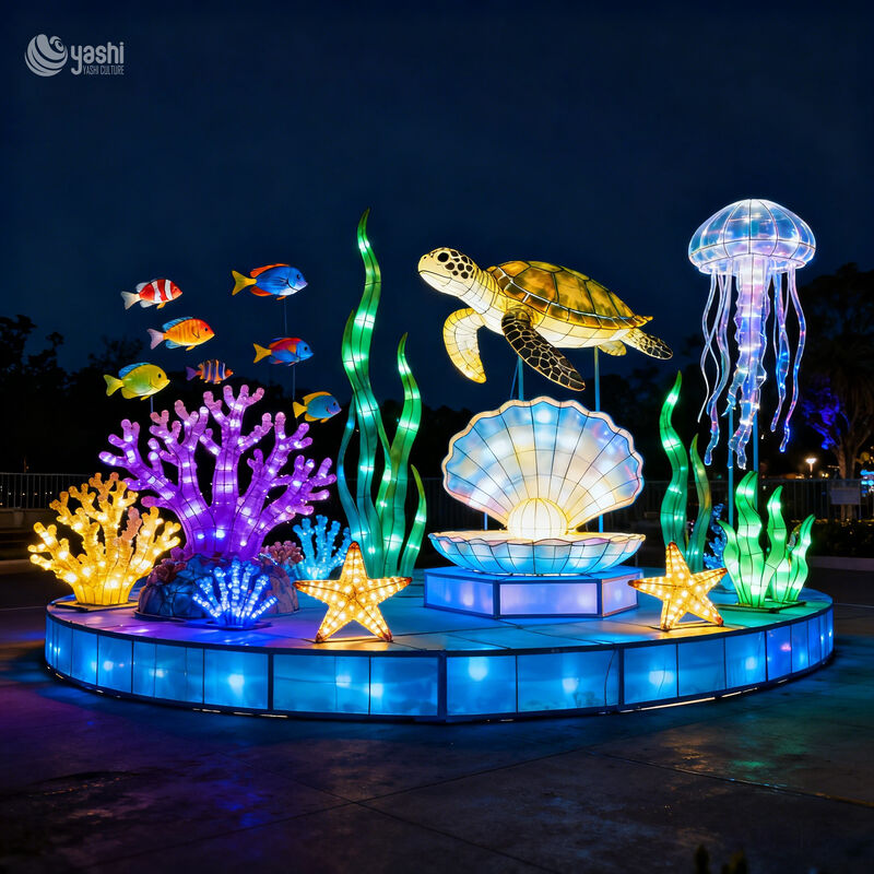 Custom Underwater Ocean Lantern Scene, Sea Turtle Jellyfish Shell Coral Fish LED Light Installation for Aquarium & Night Light Festival