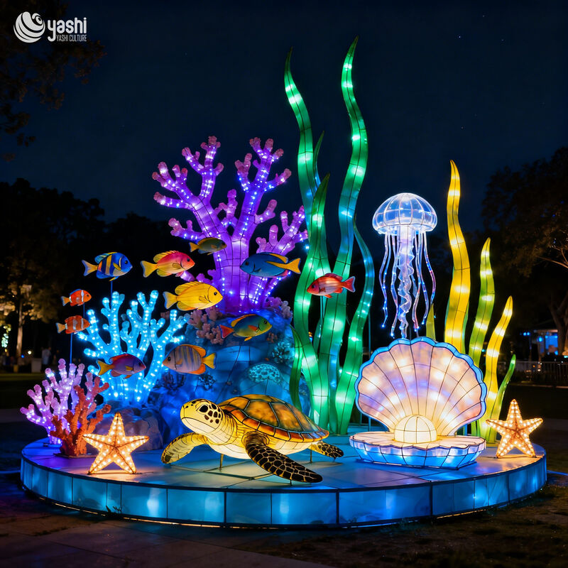 Custom Underwater Ocean Lantern Scene, Sea Turtle Jellyfish Shell Coral Fish LED Light Installation for Aquarium & Night Light Festival