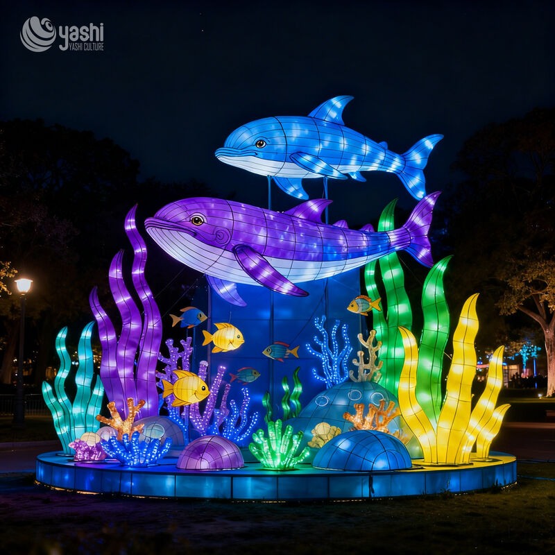 Custom Underwater Ocean Lantern Scene, Sea Turtle Jellyfish Shell Coral Fish LED Light Installation for Aquarium & Night Light Festival