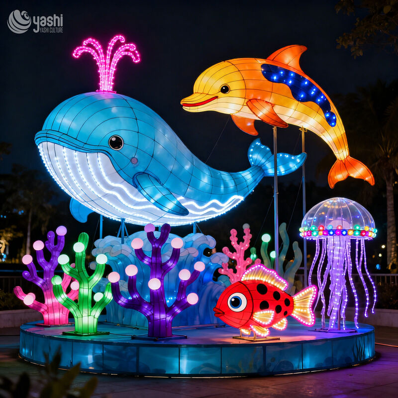 Custom Ocean Animal Lantern Scene, Whale Dolphin Jellyfish Coral LED Light Set for Theme Park & Aquatic Light Festival