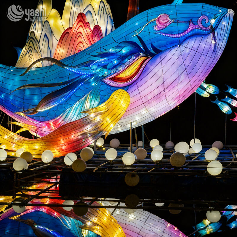 Custom Whale Lantern Set, Large Ocean‑Theme LED Light Installation With Mountain & Tree Elements for Water Reflection Light Festival