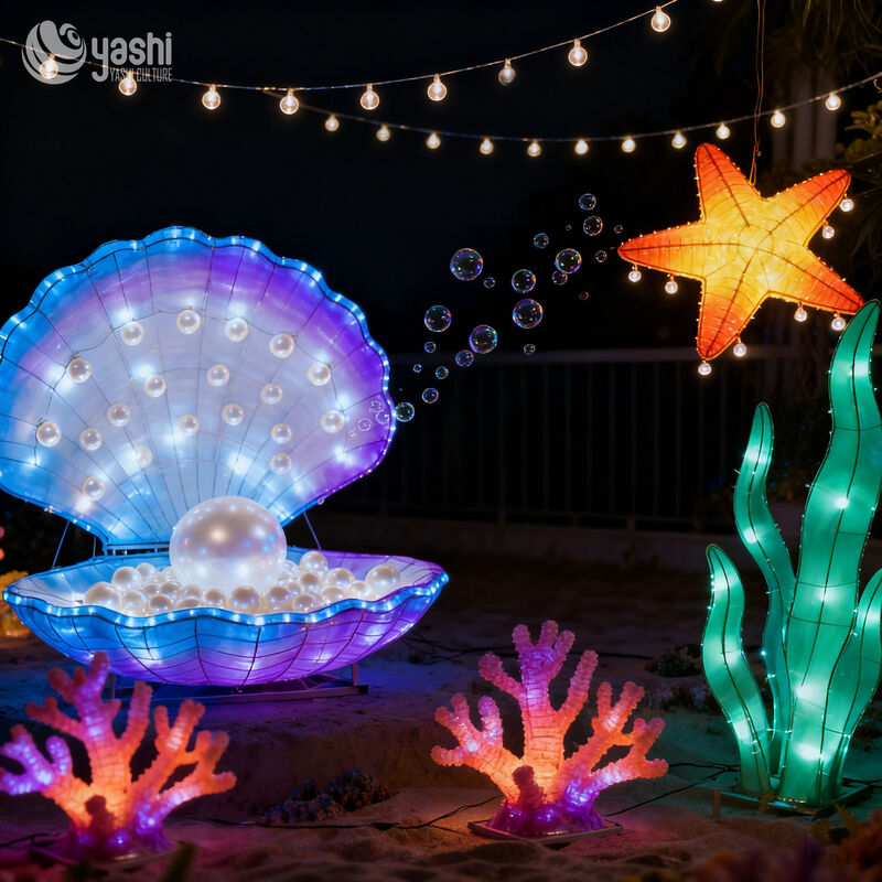 Bộ đèn lồng LED hình vỏ sò, ngọc trai, sao biển, san hô tùy chỉnh, Tác phẩm điêu khắc ánh sáng chủ đề thế giới dưới nước