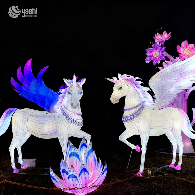 Custom Unicorn Pegasus Lantern Set, Mythical Winged Unicorn LED Light Sculpture With Floral Decor for Fantasy Theme Park & Night Light Festival
