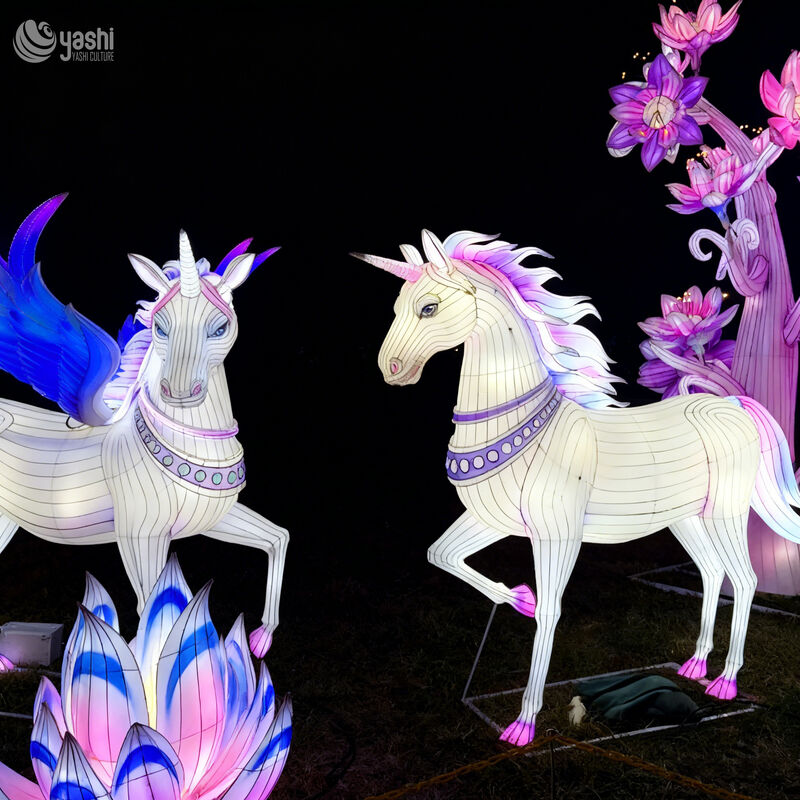 Custom Unicorn Pegasus Lantern Set, Mythical Winged Unicorn LED Light Sculpture With Floral Decor for Fantasy Theme Park & Night Light Festival