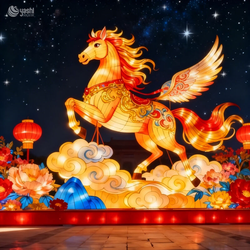 Custom Pegasus Lantern, Large Mythical Winged Horse LED Light Sculpture With Cloud Base for Chinese Festival & Theme Park Light Show