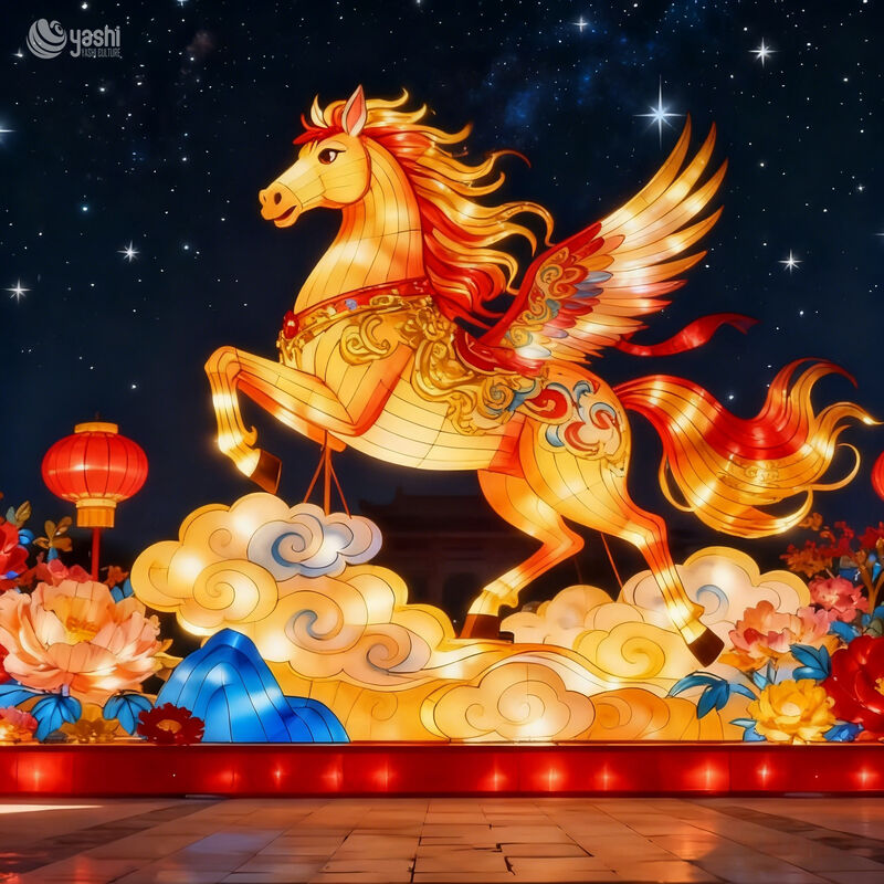 Custom Pegasus Lantern, Large Mythical Winged Horse LED Light Sculpture With Cloud Base for Chinese Festival & Theme Park Light Show