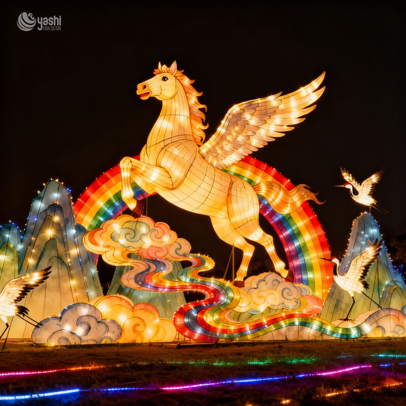 Custom Pegasus Lantern, Large Mythical Winged Horse LED Light Sculpture With Cloud Base for Chinese Festival & Theme Park Light Show