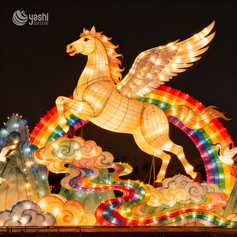 Custom Pegasus Lantern, Large Mythical Winged Horse LED Light Sculpture With Cloud Base for Chinese Festival & Theme Park Light Show