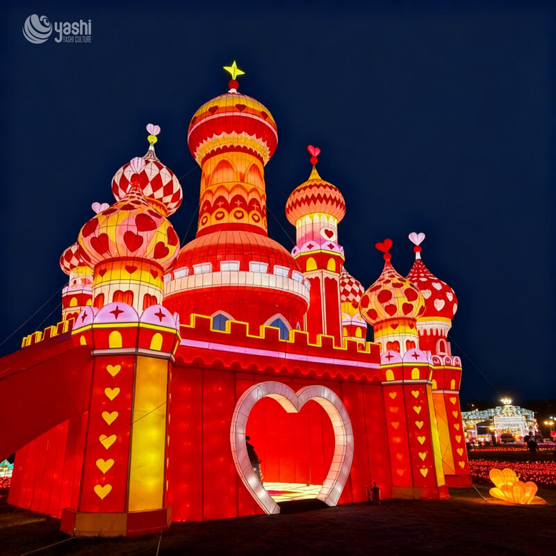 Custom Giant Fairytale Heart‑Theme Castle Zigong Lantern, Walk‑Through Onion Dome Castle LED Light Sculpture, Waterproof Large Outdoor Light Installation