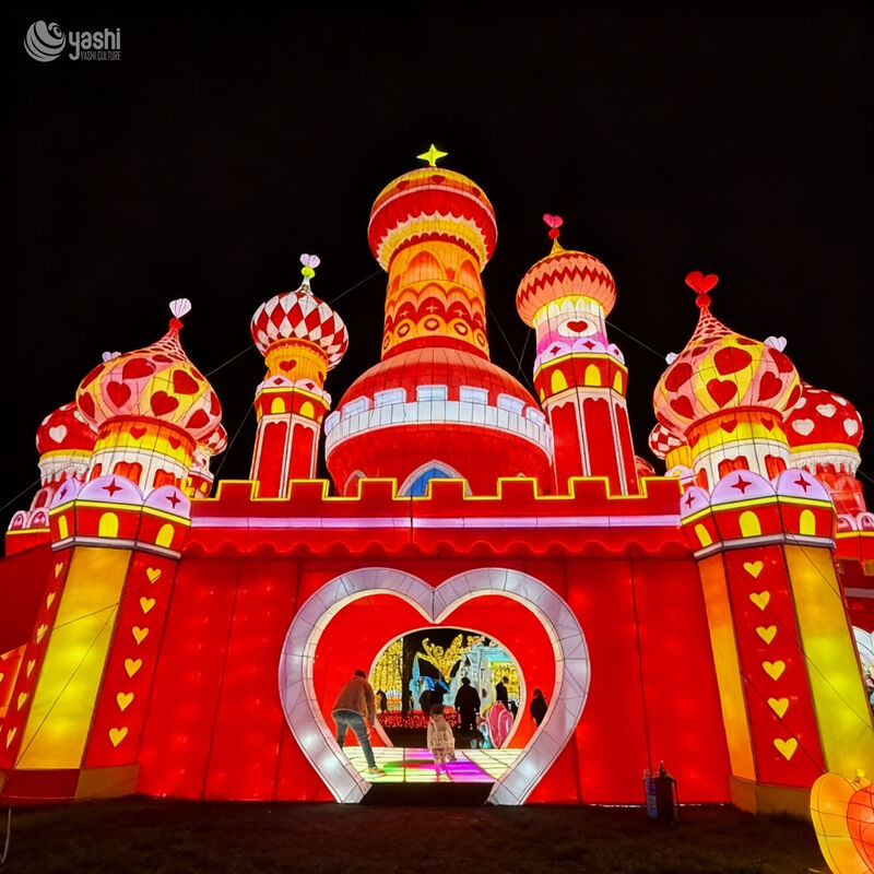 Custom Giant Fairytale Heart‑Theme Castle Zigong Lantern, Walk‑Through Onion Dome Castle LED Light Sculpture, Waterproof Large Outdoor Light Installation