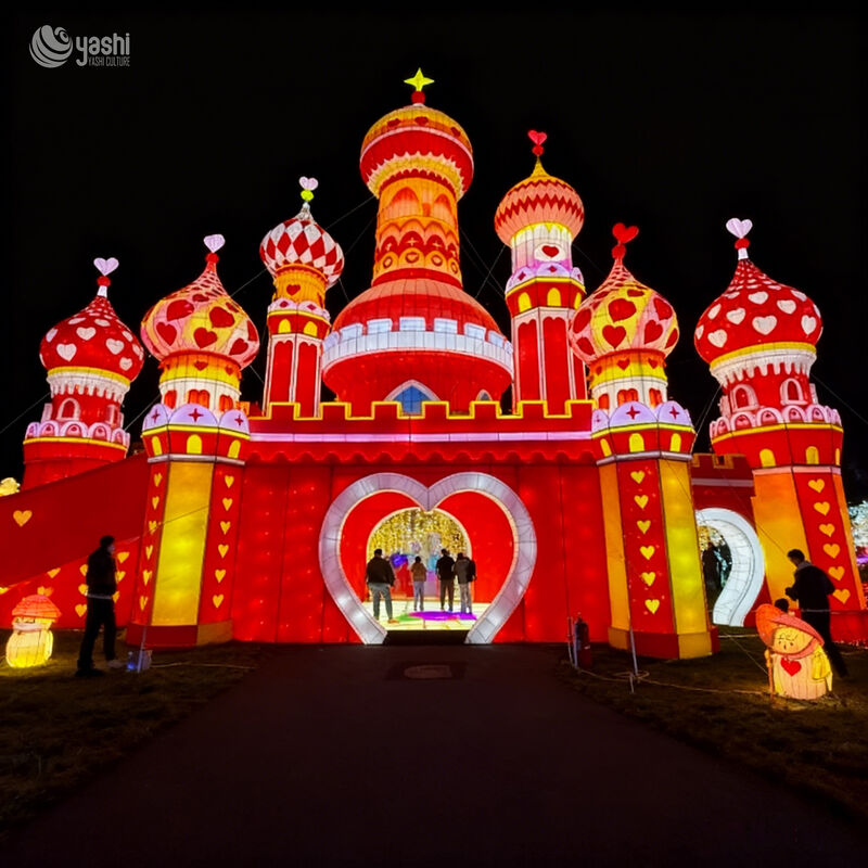 Custom Giant Fairytale Heart‑Theme Castle Zigong Lantern, Walk‑Through Onion Dome Castle LED Light Sculpture, Waterproof Large Outdoor Light Installation