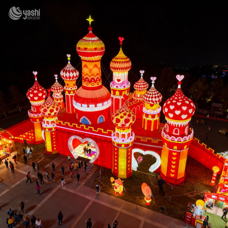 Custom Giant Fairytale Heart‑Theme Castle Zigong Lantern, Walk‑Through Onion Dome Castle LED Light Sculpture, Waterproof Large Outdoor Light Installation