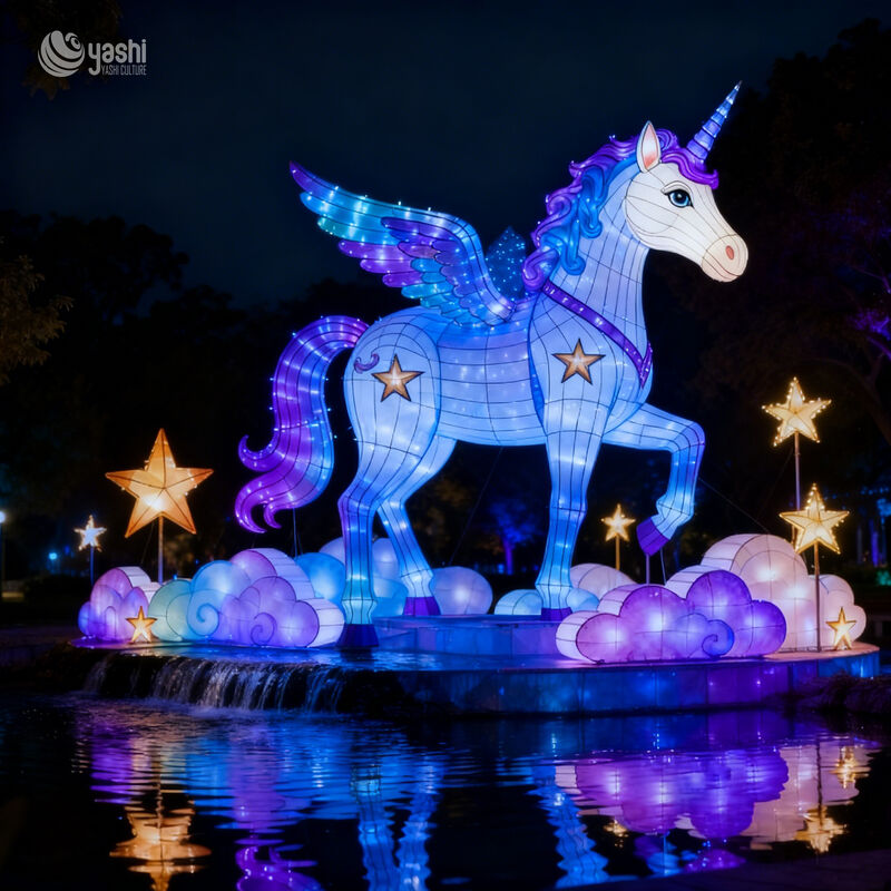 Custom Pink Winged Unicorn Lantern, Large LED Pegasus Light Sculpture With Flower & Cloud Decor for Fantasy Light Festival
