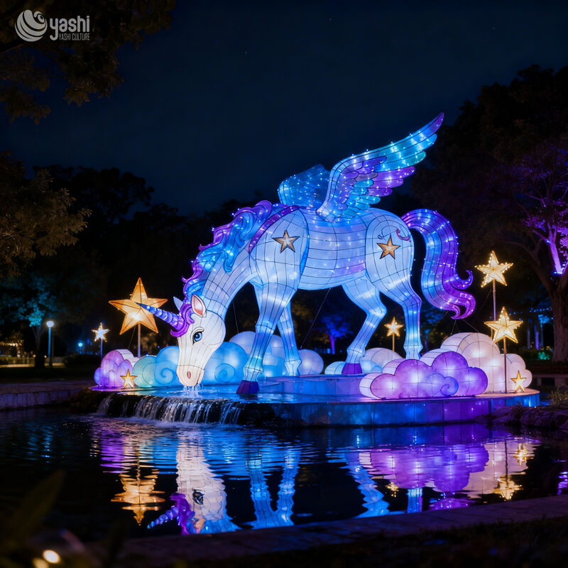 Custom Pink Winged Unicorn Lantern, Large LED Pegasus Light Sculpture With Flower & Cloud Decor for Fantasy Light Festival