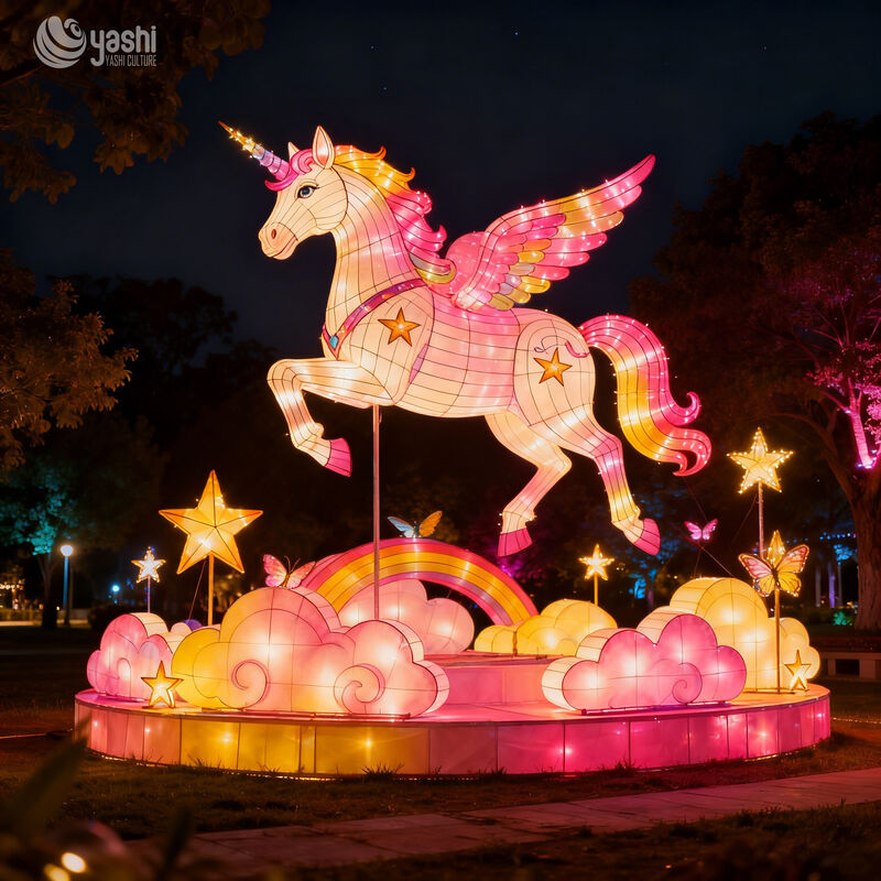Custom Pink Winged Unicorn Lantern, Large LED Pegasus Light Sculpture With Flower & Cloud Decor for Fantasy Light Festival