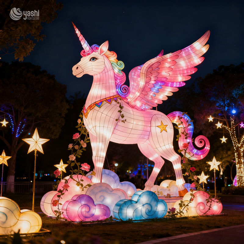 Custom Pink Winged Unicorn Lantern, Large LED Pegasus Light Sculpture With Flower & Cloud Decor for Fantasy Light Festival