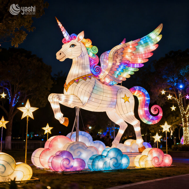 Custom Pink Winged Unicorn Lantern, Large LED Pegasus Light Sculpture With Flower & Cloud Decor for Fantasy Light Festival