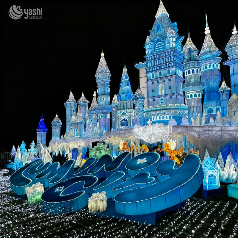 Custom Giant Ice Castle Zigong Lantern Scene, Frozen‑Style Fantasy Castle LED Light Sculpture with Slide, Waterproof Outdoor Winter Holiday Light Installation
