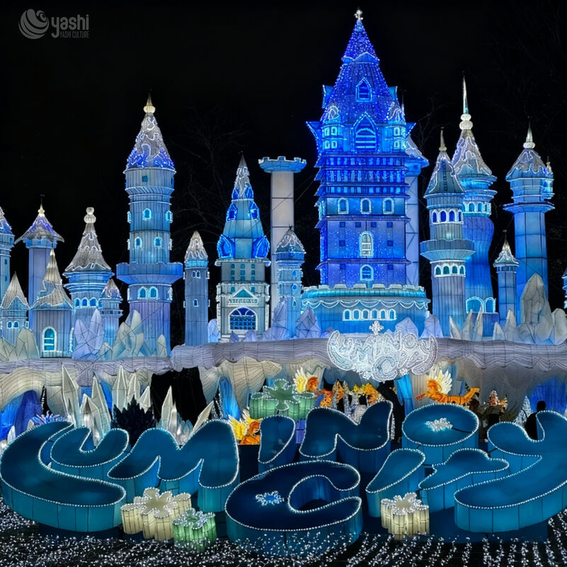 Custom Giant Ice Castle Zigong Lantern Scene, Frozen‑Style Fantasy Castle LED Light Sculpture with Slide, Waterproof Outdoor Winter Holiday Light Installation