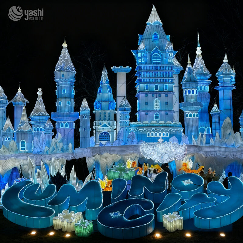 Custom Giant Ice Castle Zigong Lantern Scene, Frozen‑Style Fantasy Castle LED Light Sculpture with Slide, Waterproof Outdoor Winter Holiday Light Installation