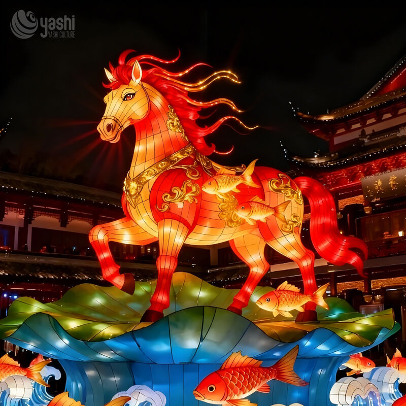 Custom Chinese Style Horse Lantern, Large LED Horse With Koi Fish Light Display for Lunar New Year Festival