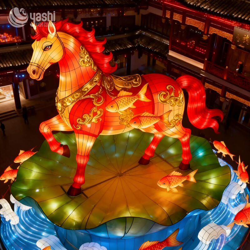Custom Chinese Style Horse Lantern, Large LED Horse With Koi Fish Light Display for Lunar New Year Festival