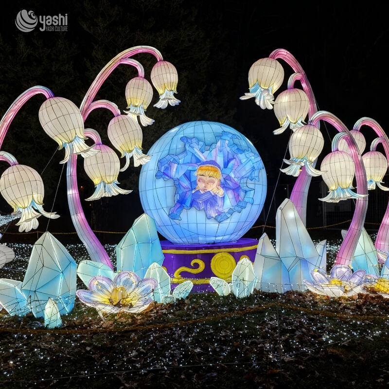 Custom Ice Crystal Ball & Bell‑Shaped Flower LED Lantern Installation, Fairy Tale Winter Theme Light Sculpture for Park Light Festival