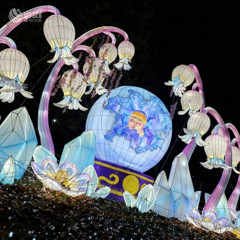 Custom Ice Crystal Ball & Bell‑Shaped Flower LED Lantern Installation, Fairy Tale Winter Theme Light Sculpture for Park Light Festival