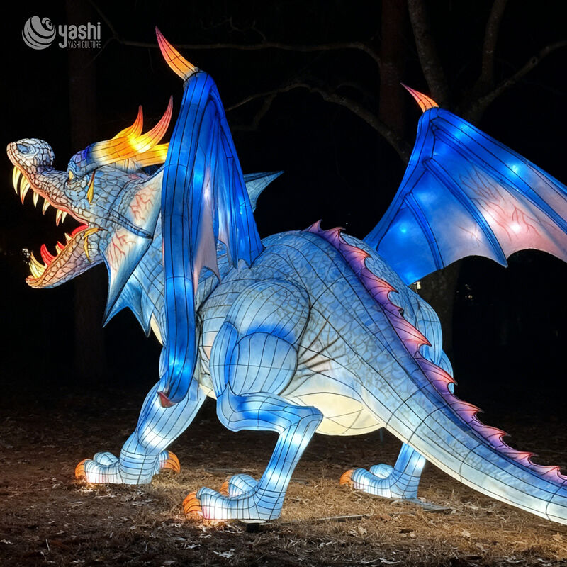 Custom Blue Winged Dragon Lantern Group, Large Mythical Dragon LED Light Sculpture Set for Theme Park & Night Light Festival