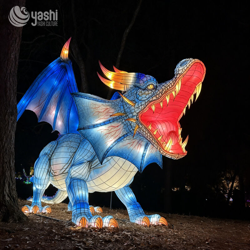 Custom Blue Winged Dragon Lantern Group, Large Mythical Dragon LED Light Sculpture Set for Theme Park & Night Light Festival