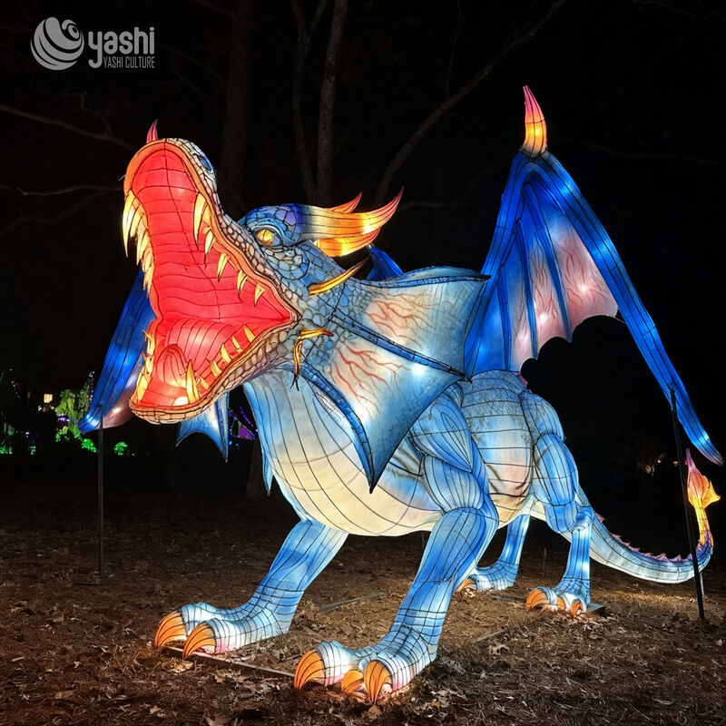 Custom Blue Winged Dragon Lantern Group, Large Mythical Dragon LED Light Sculpture Set for Theme Park & Night Light Festival