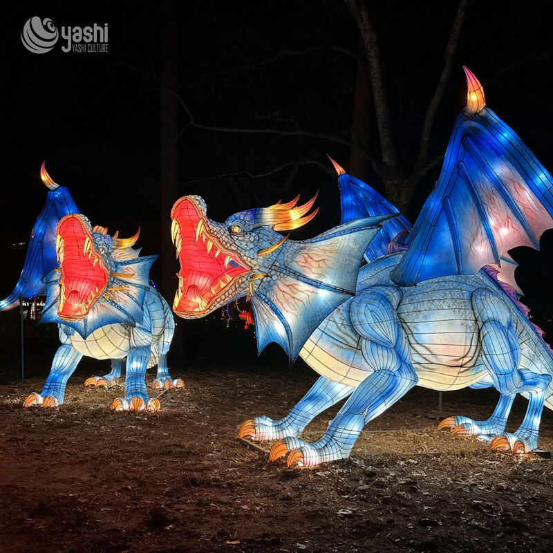 Custom Blue Winged Dragon Lantern Group, Large Mythical Dragon LED Light Sculpture Set for Theme Park & Night Light Festival