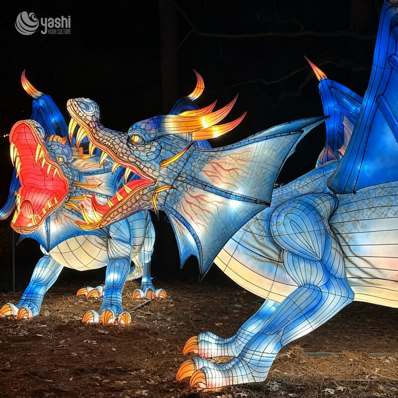 Custom Blue Winged Dragon Lantern Group, Large Mythical Dragon LED Light Sculpture Set for Theme Park & Night Light Festival