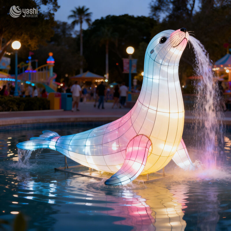 Custom Sea Lion Lantern, Large Floating LED Sea Lion Light Sculpture With Wave Base for Ocean‑Theme Park & Water Light Festival