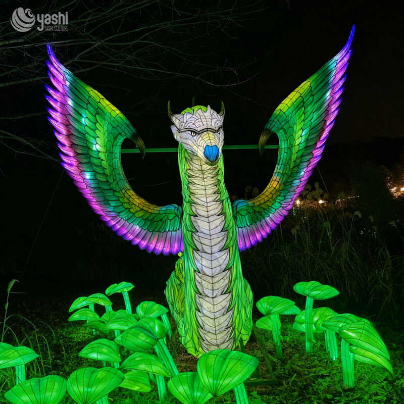 Custom Winged Dragon Lantern, Large Fantasy Mythical Creature LED Light Sculpture for Theme Park & Night Light Festival