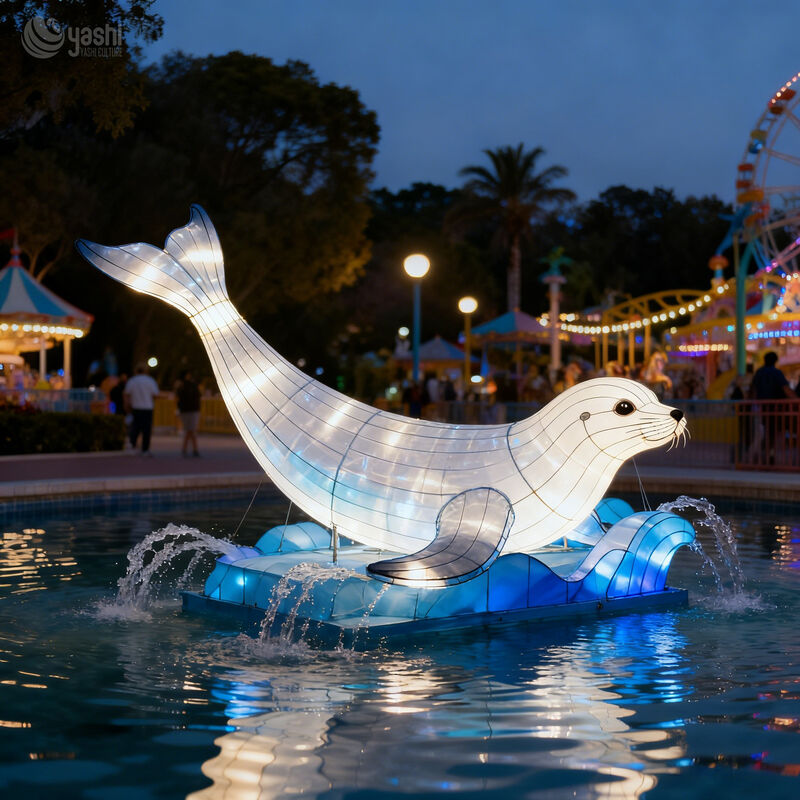 Custom Sea Lion Lantern, Large Floating LED Sea Lion Light Sculpture With Wave Base for Ocean‑Theme Park & Water Light Festival