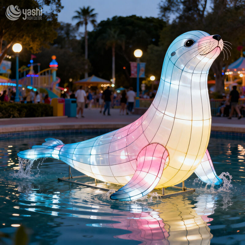 Custom Sea Lion Lantern, Large Floating LED Sea Lion Light Sculpture With Wave Base for Ocean‑Theme Park & Water Light Festival